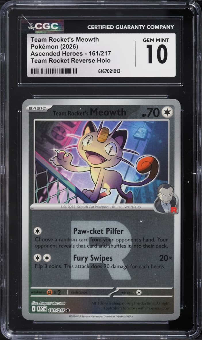 Pokemon Mega Ascended Heroes Team Rocket Reverse Holo Rocket's Meowth #161