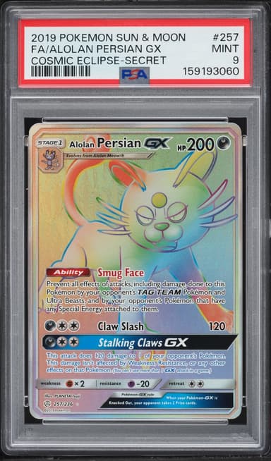Pokemon Sun & Moon Cosmic Eclipse Rainbow Rare Alolan Persian Gx #257
