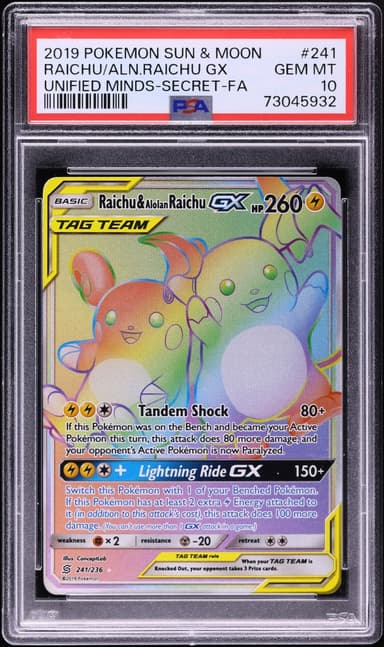 Sun & Moon Unified Minds Rainbow Rare Alolan Raichu GX GEM MINT