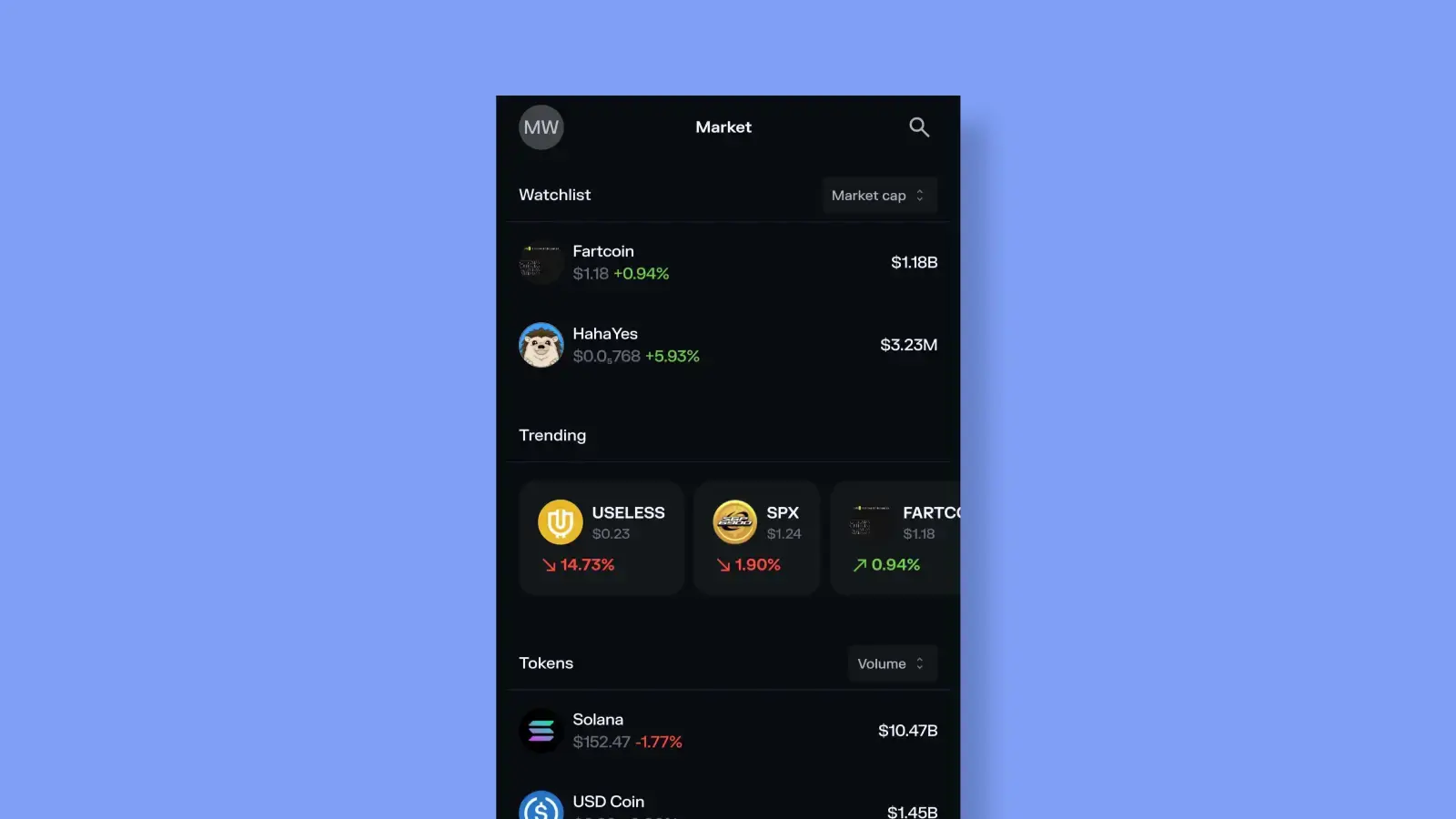 Screenshot of the Market feature in Solflare app