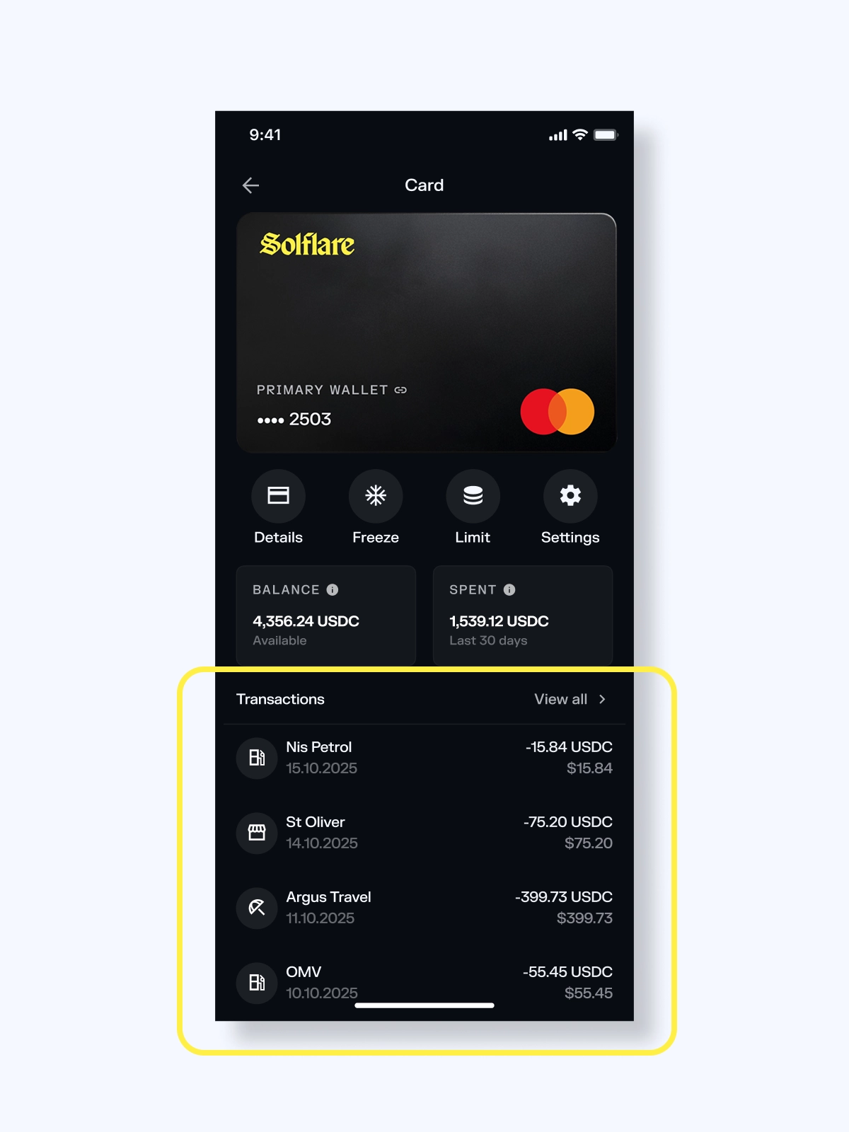 solflare card transaction tracking