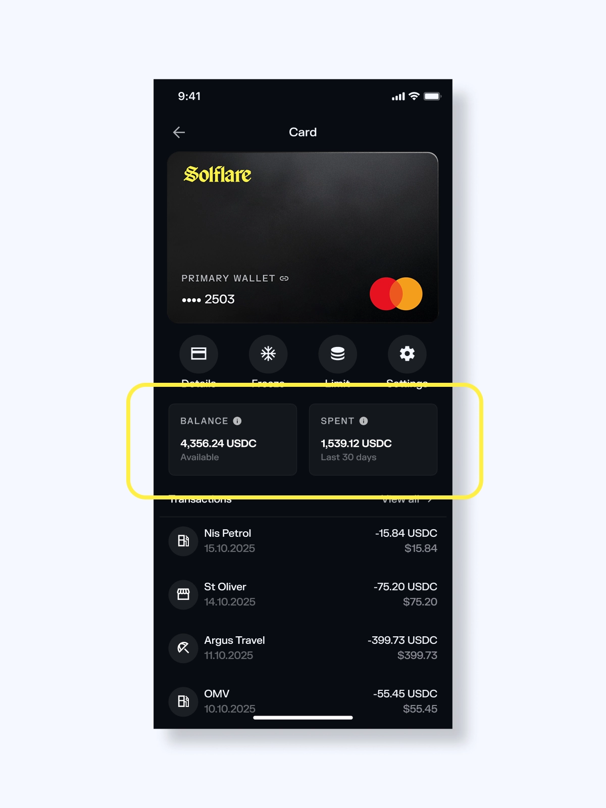 Solflare card balance updates