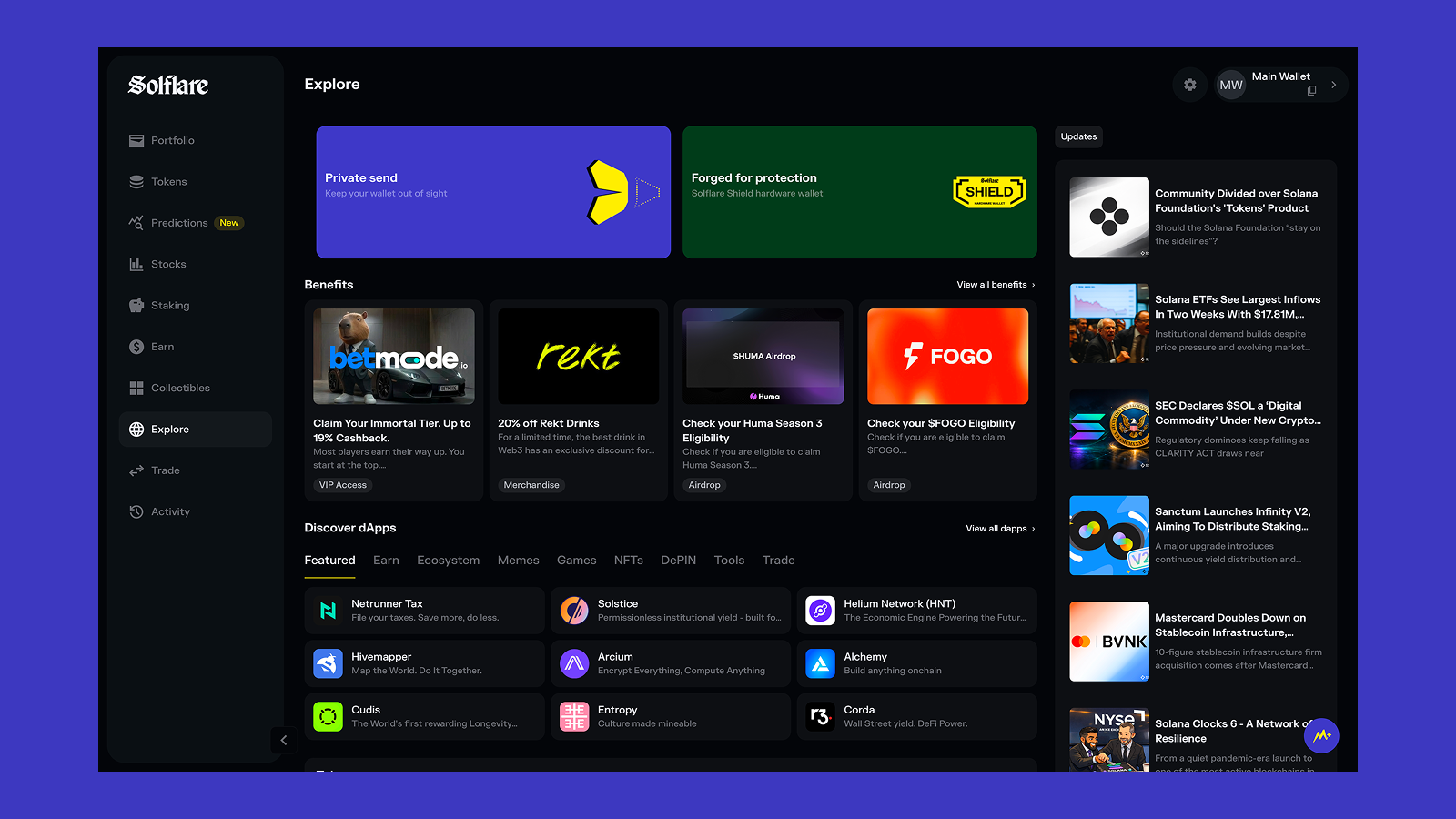 an overview of the explore feature in the solflare app