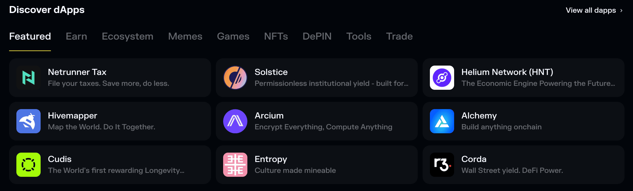 "discover" section in solflare