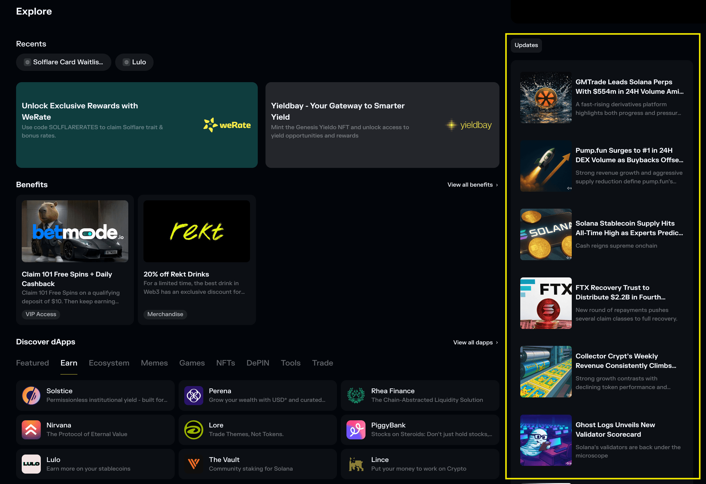 updates section in solflare explore tab