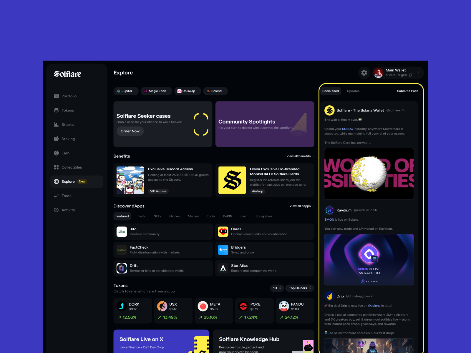 overview of the social feed section in Solflare's explore page