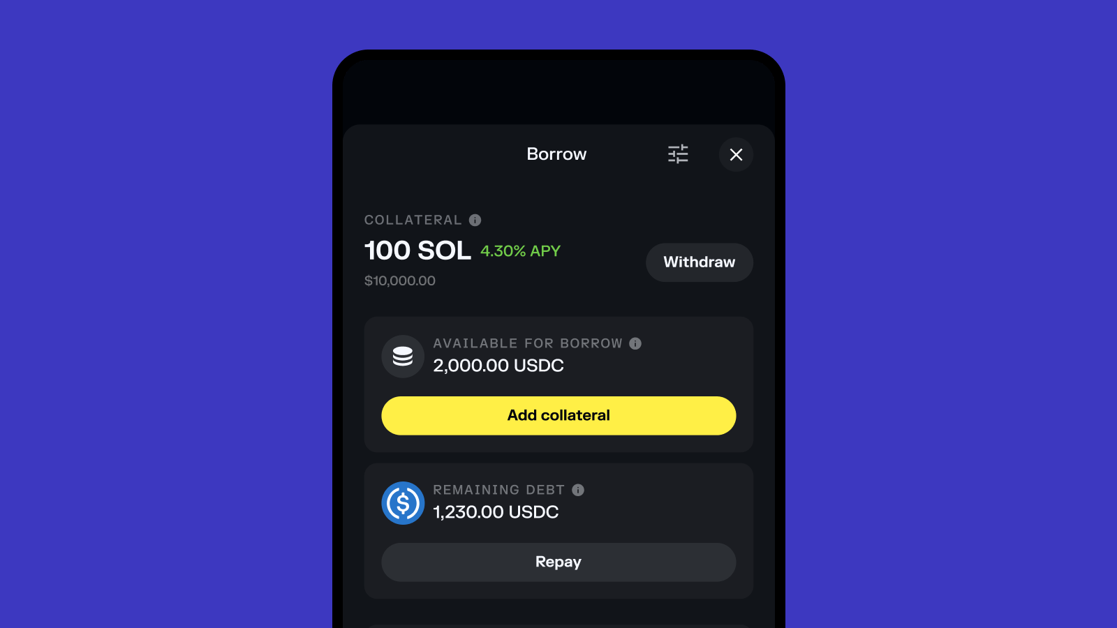 Solflare Cad Borrows dashboard