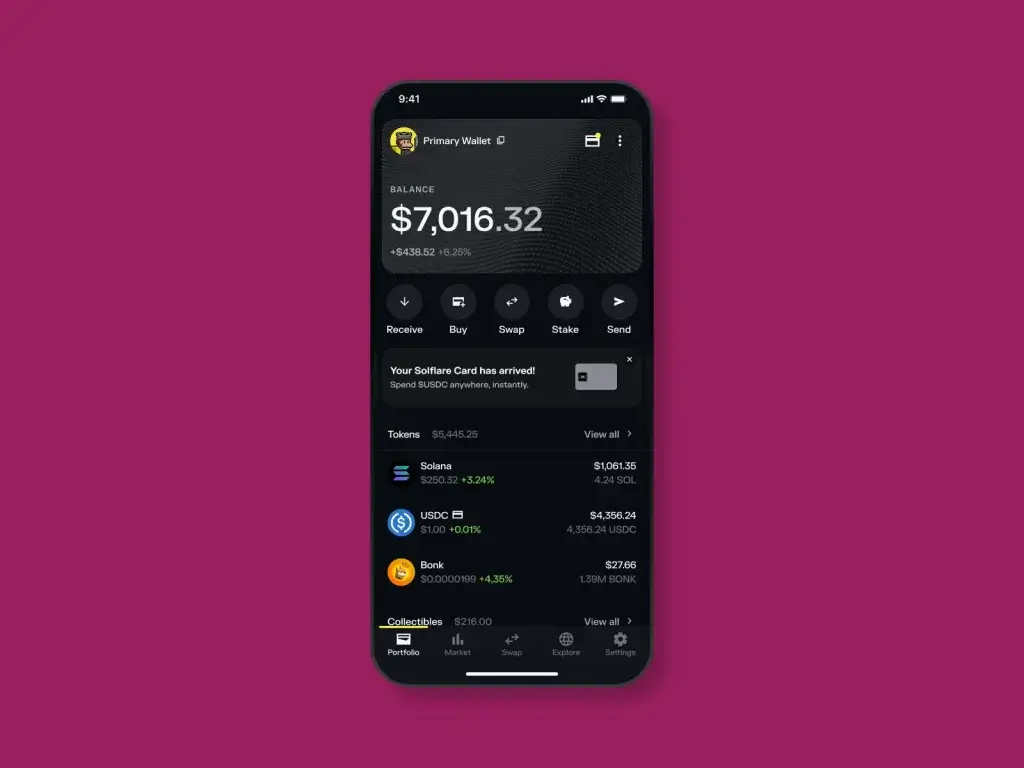 Solflare wallet home screen