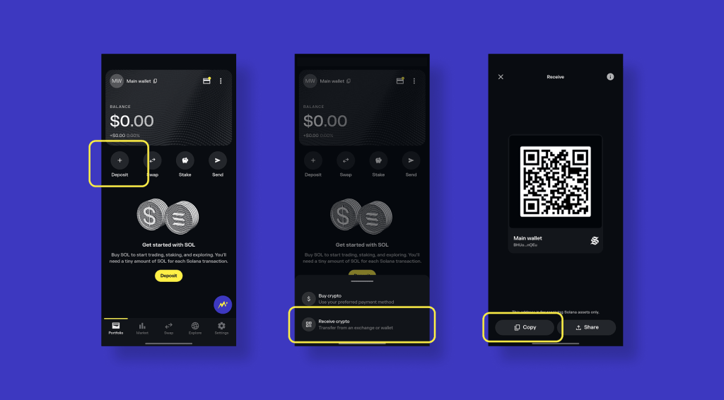 copying a wallet address in the Solflare wallet
