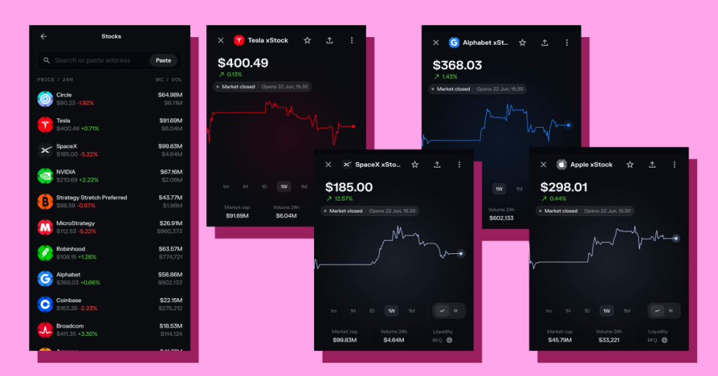 the interface of xstock trading in Solflare wallet