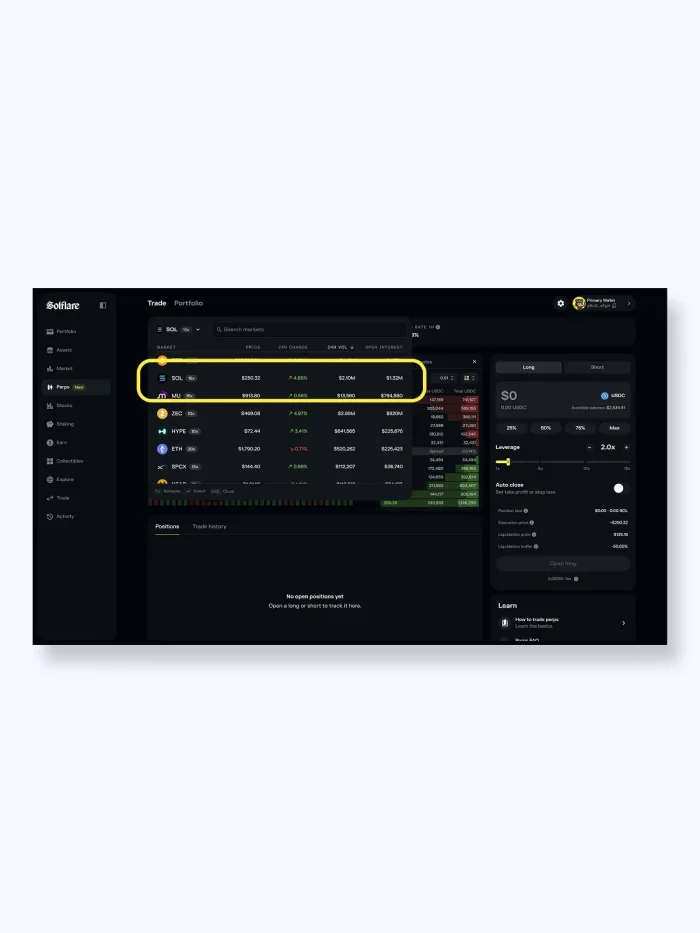 how to trade perpetual futures in solflare web step 1