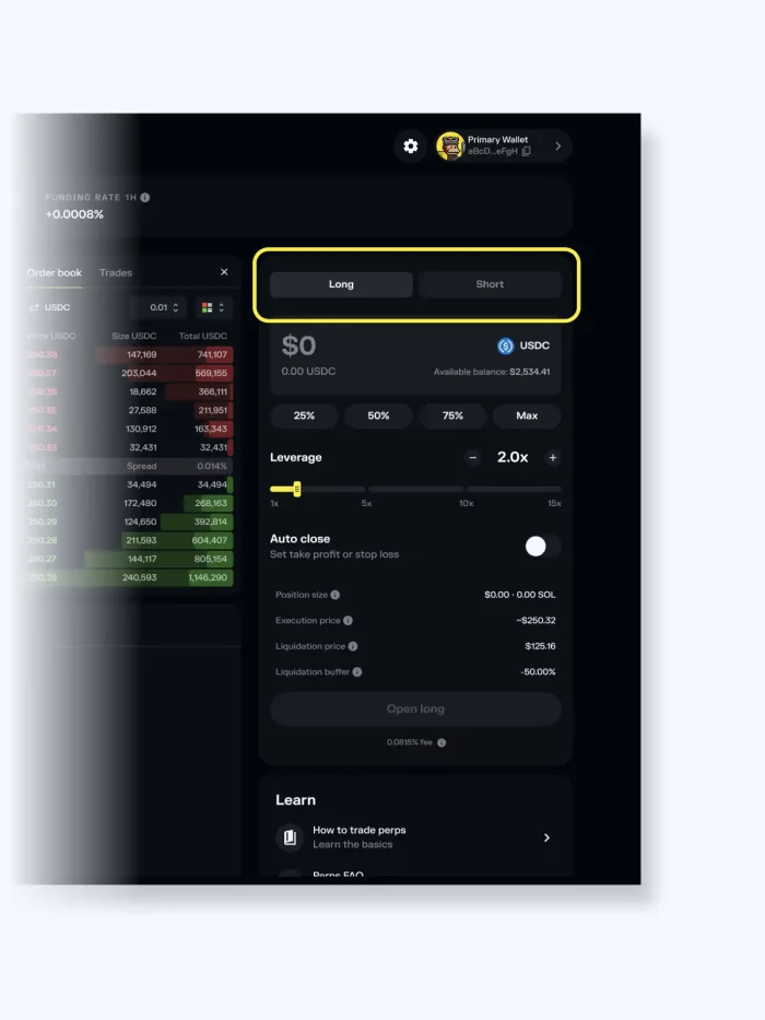how to trade perpetual futures in solflare web step 2