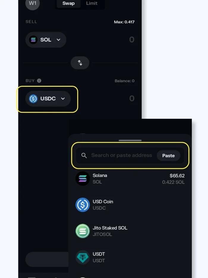 Solflare app screenshot - market tab