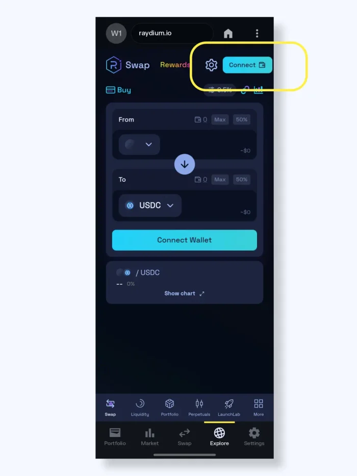 Solflare wallet app - connecting to Raydium