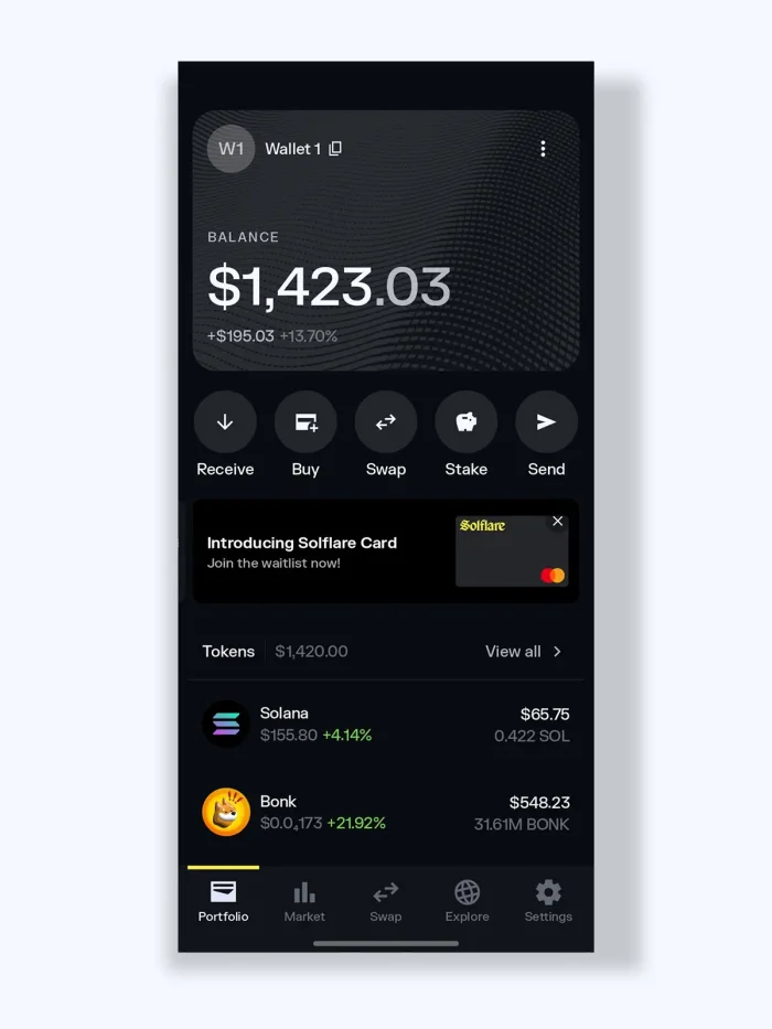 Solflare wallet app home screen