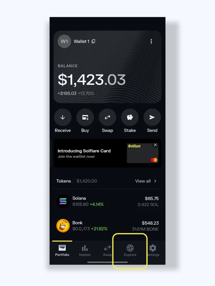 Solflare wallet app screenshot - explore tab