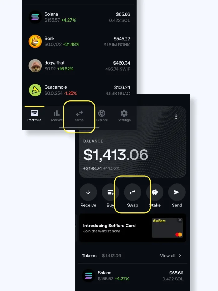 Solflare app screenshot - swap tab