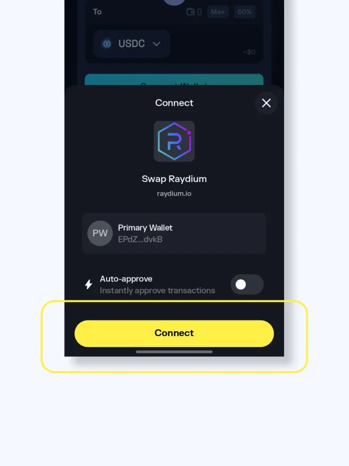 Solflare wallet app screenshot - connecting the wallet to a DEX