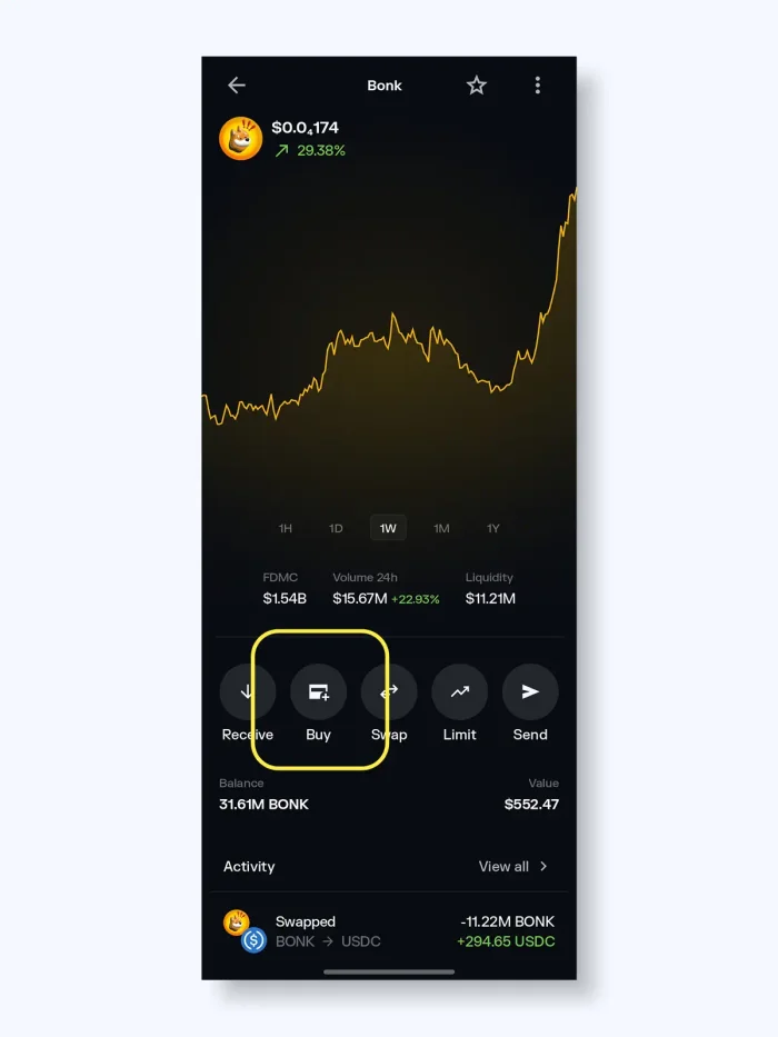 Solflare wallet app token page - buy button
