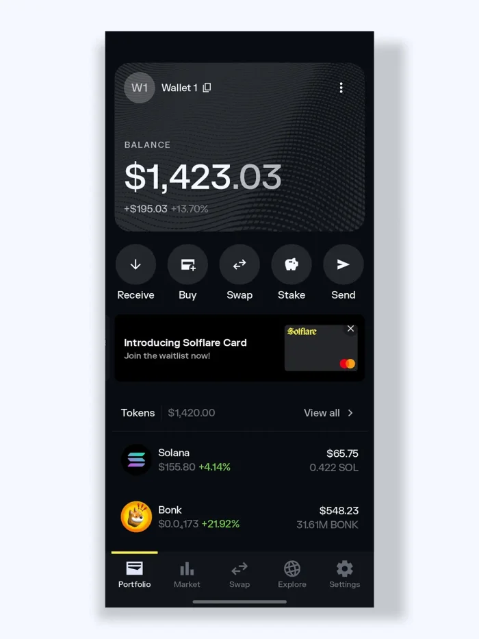 Solflare app screenshot - homescreen