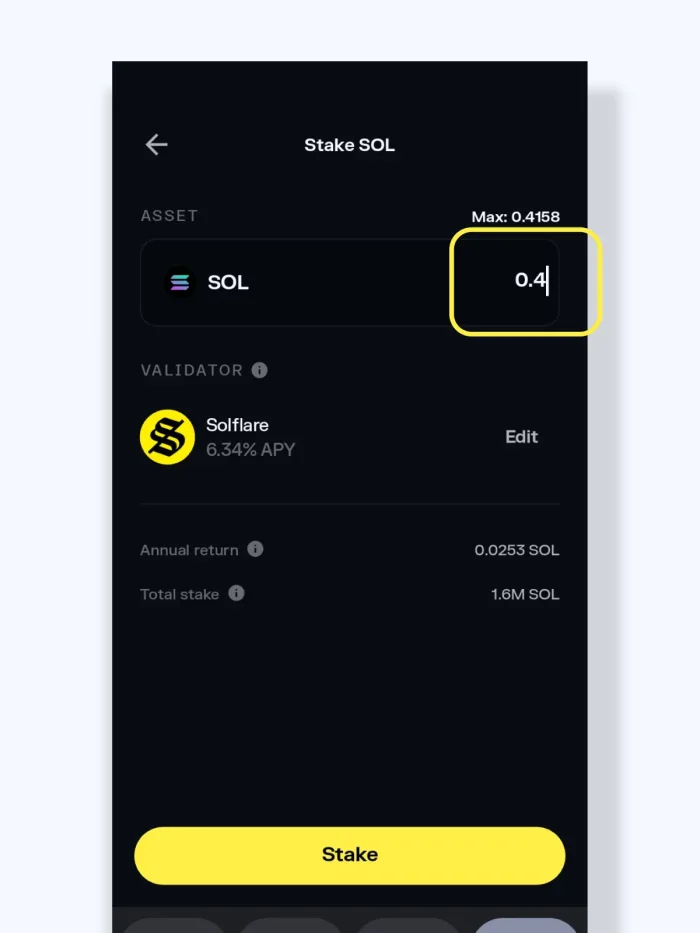 Solflare app screenshot - staking SOL