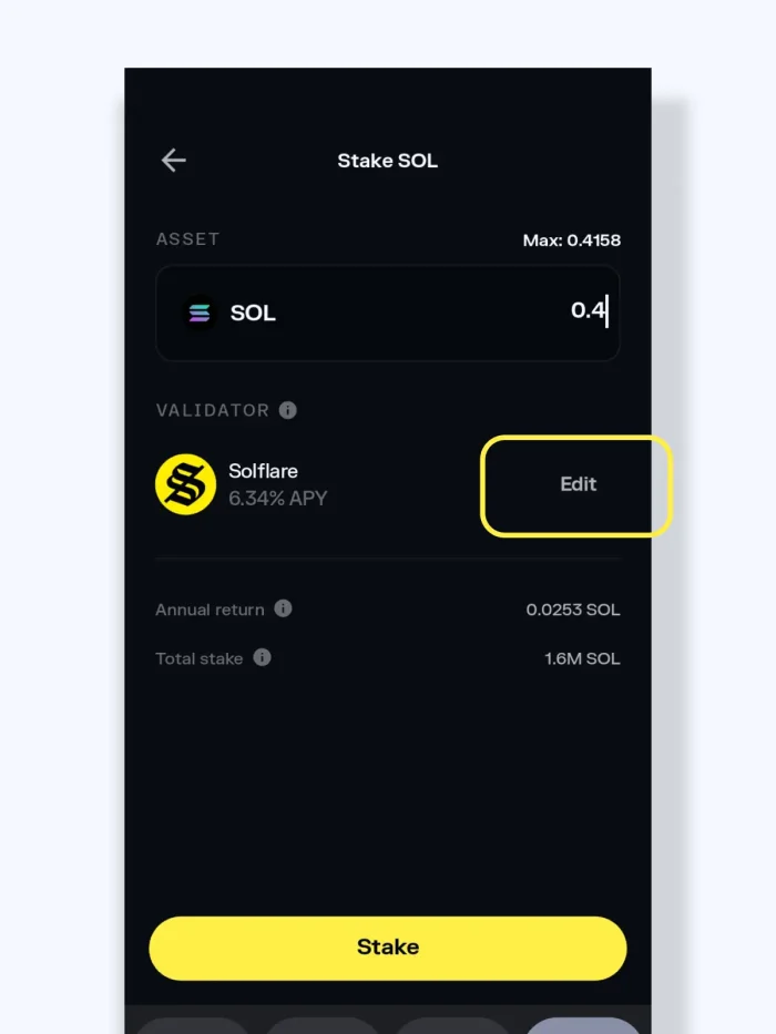Solflare wallet app screenshot - selecting a validator
