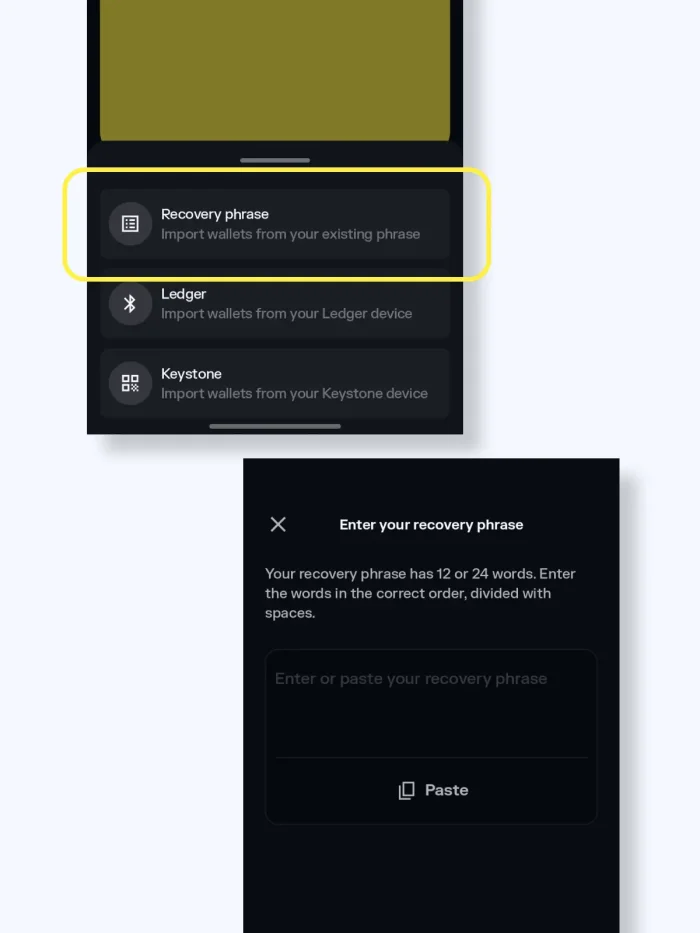 Solflare web extension and app screenshot phrase import