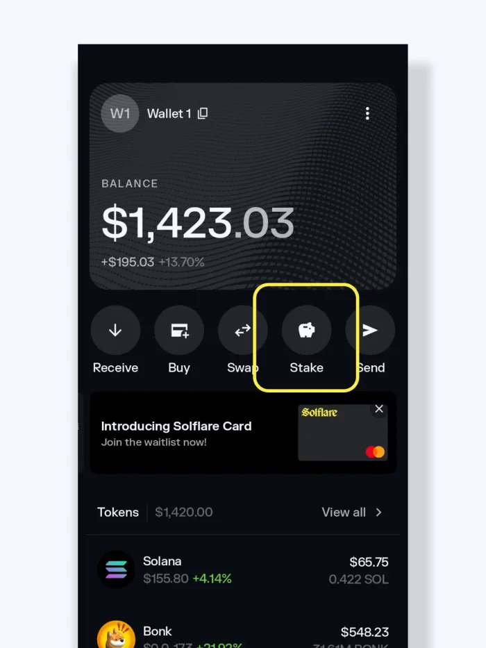 Solflare app screenshot - staking tab