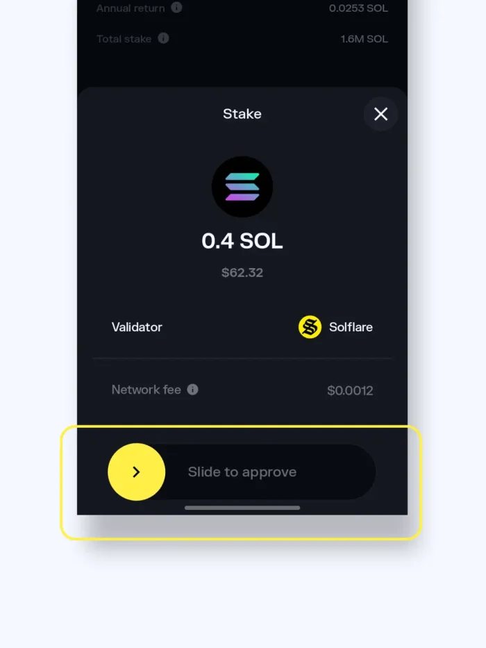 Solflare app screenshot - approving a stake