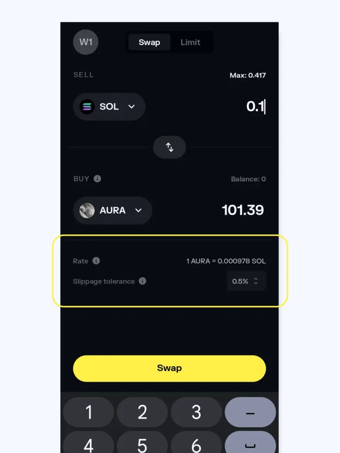Solflare app screenshot - slippage settings and transaction details