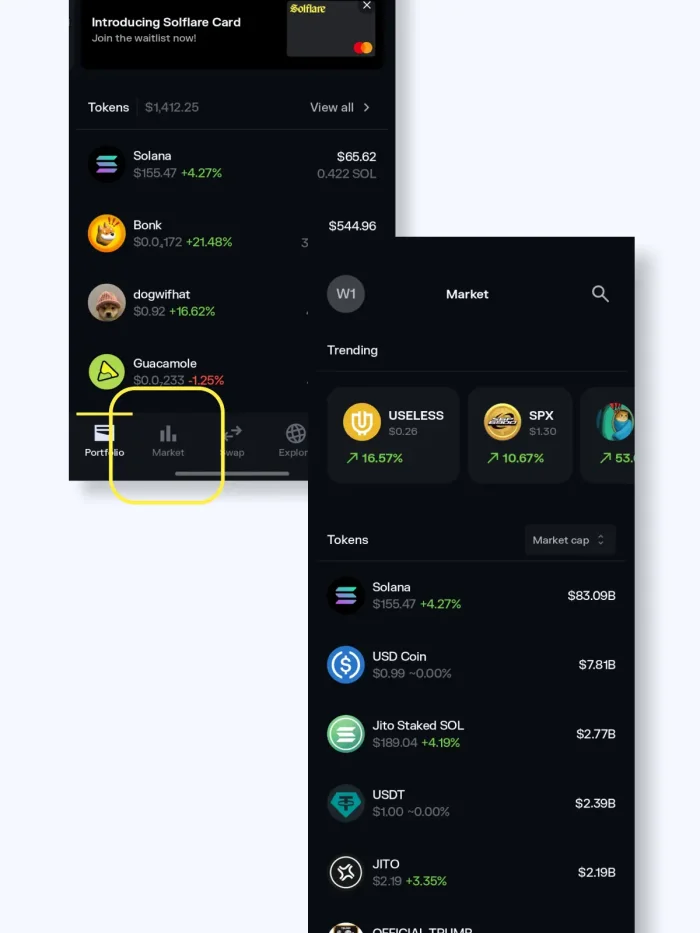 Solflare wallet app market tab