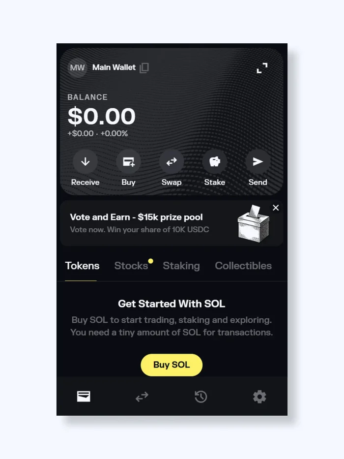 Solflare web extension home screen