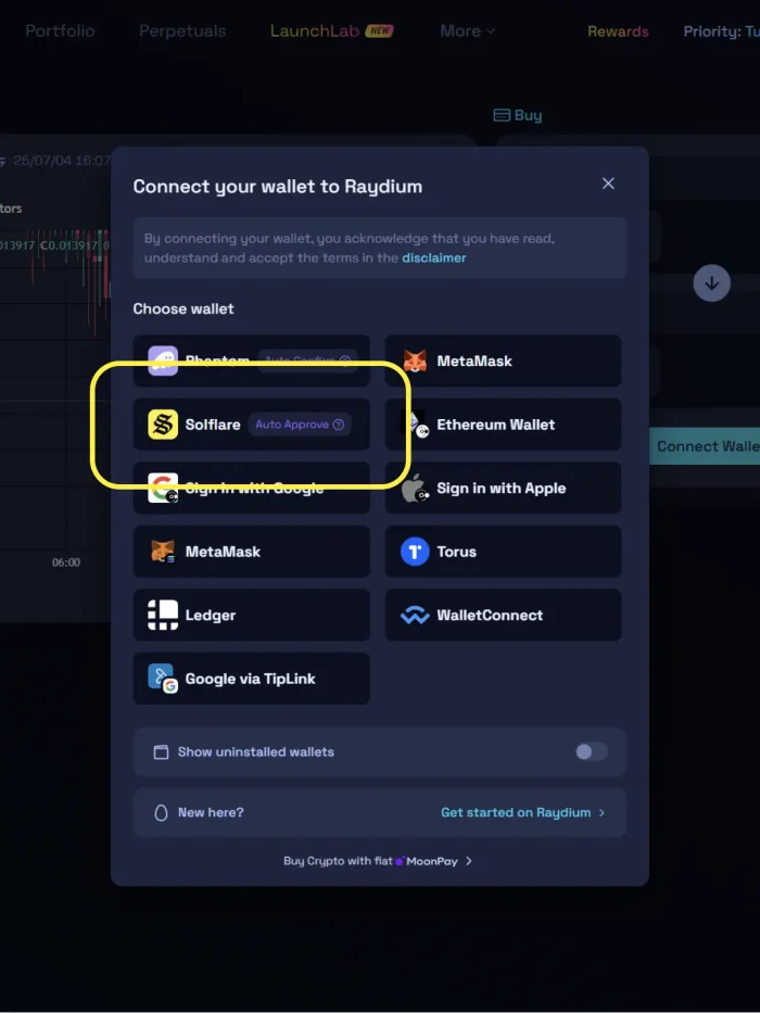 selecting Solflare from the wallet list to connect to a dApp
