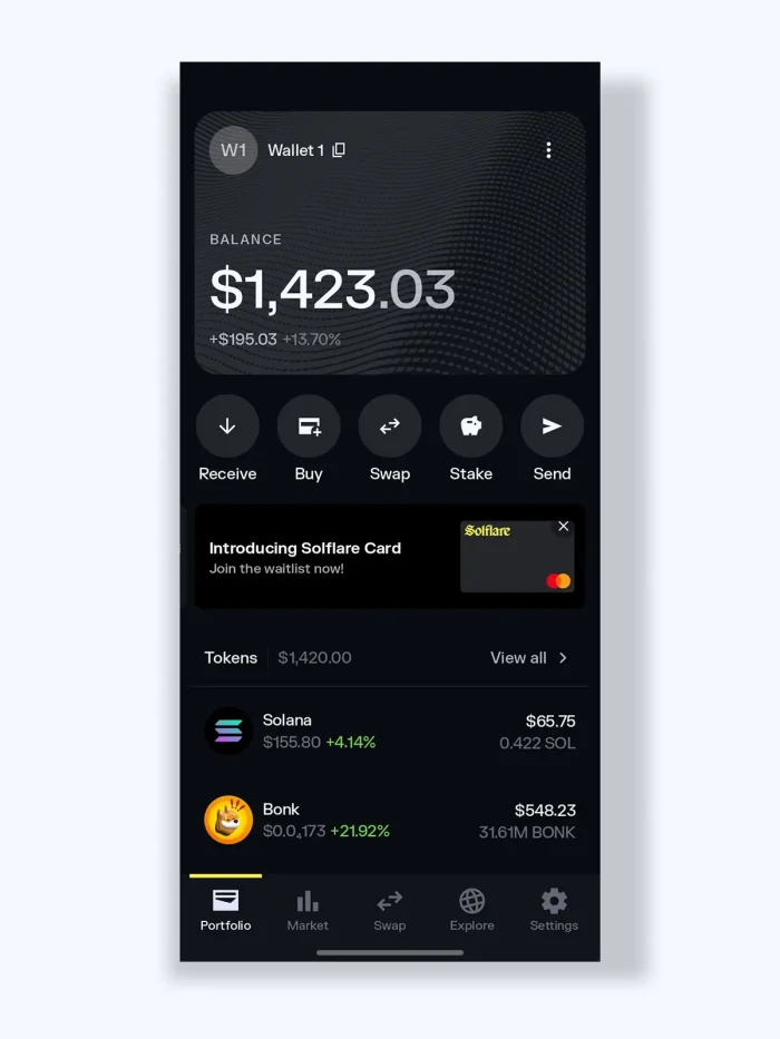 Solflare wallet app home screen interface