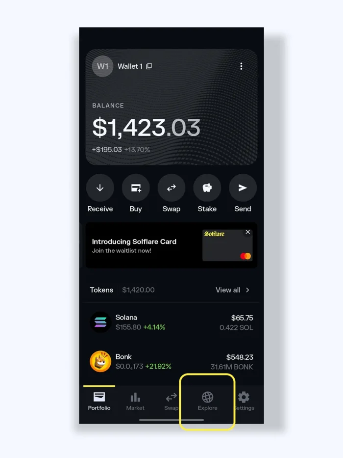 "explore" button in Solflare wallet app