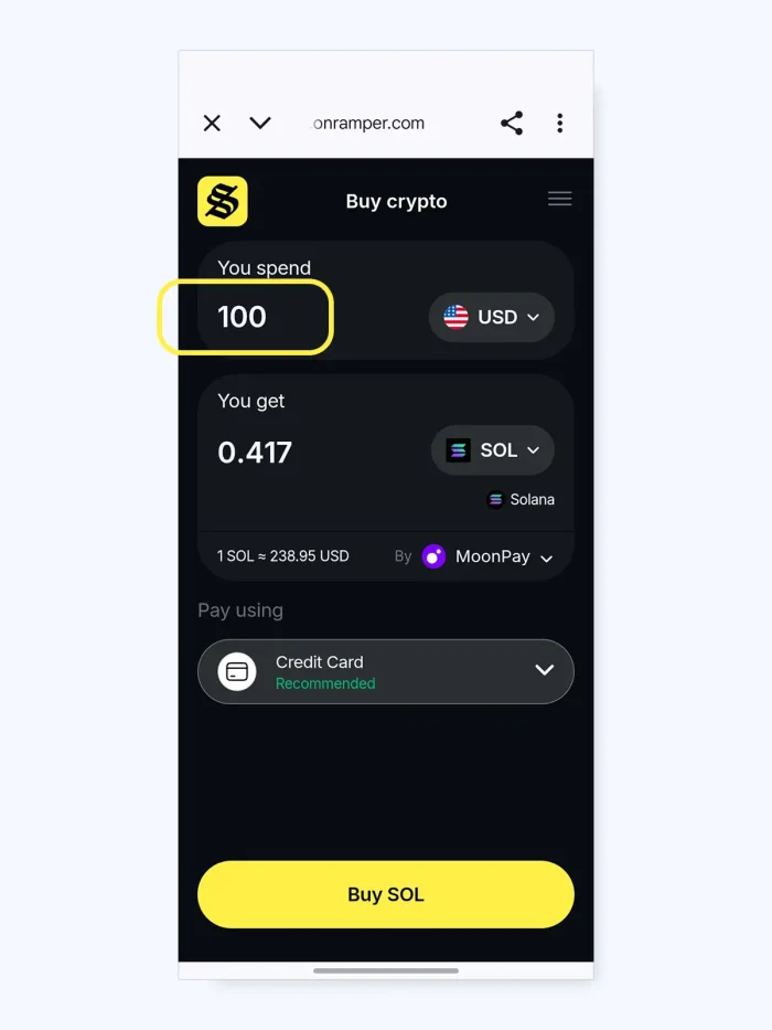 entering the amount of crypto to buy in Solflare