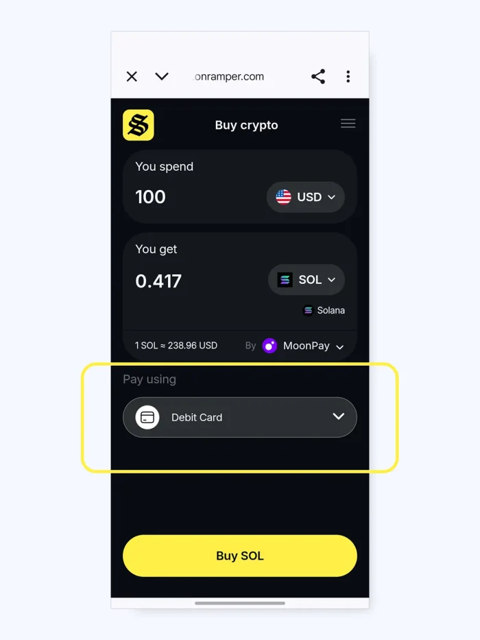 choosing a payment method in Solflare