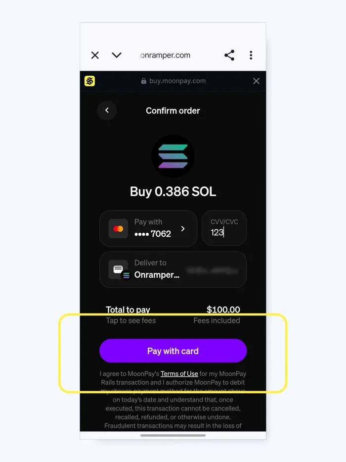 confirming a payment in Solflare
